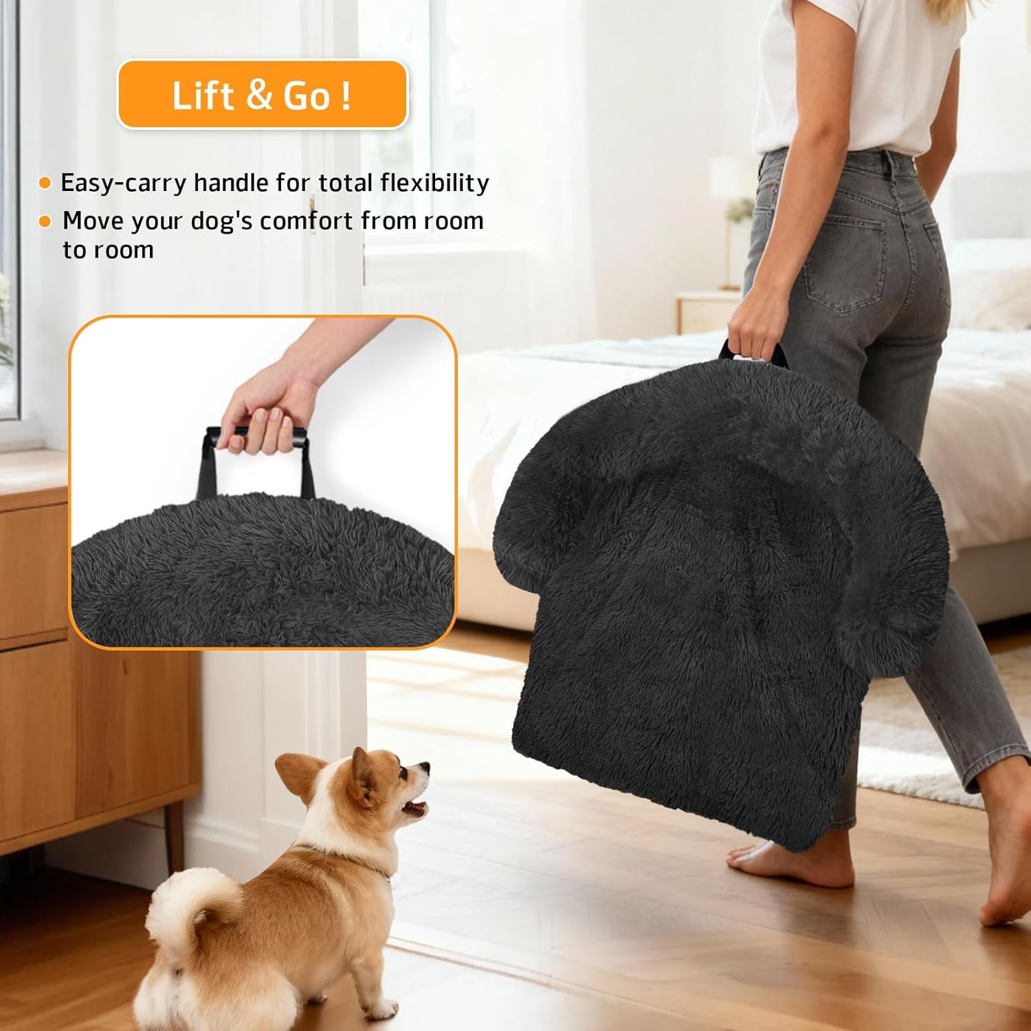 Calming Dog Bed Fluffy Plush Dog Mat for Furniture Protector with Removable Washable Cover for Large Medium Small Dogs and Cats (Small(35X31X5), Dark Grey)