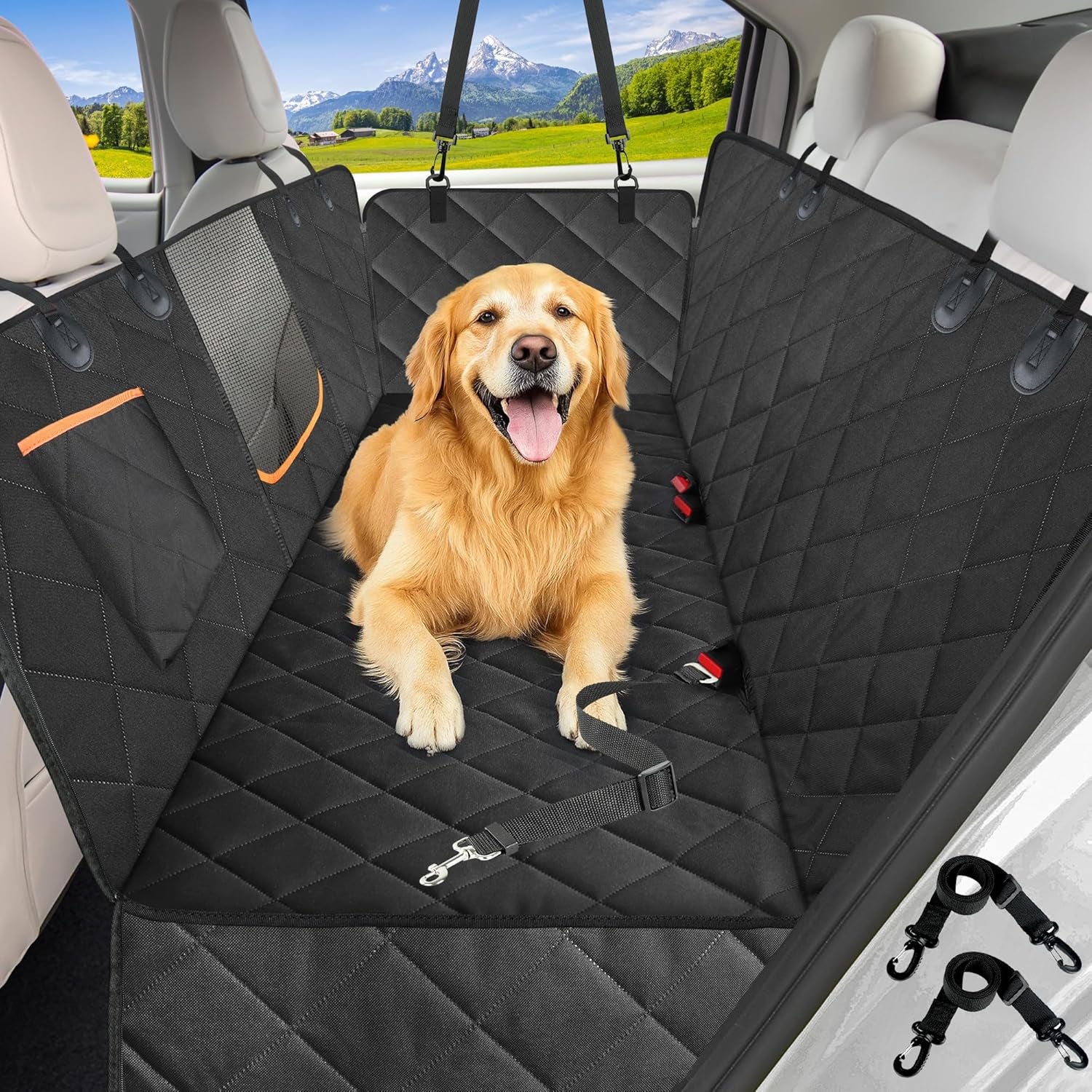 Dog Car Seat Cover for Back Seat  - Waterproof Hammock with Side Flaps & Mesh Window – Heavy Duty Pet Seat Protector