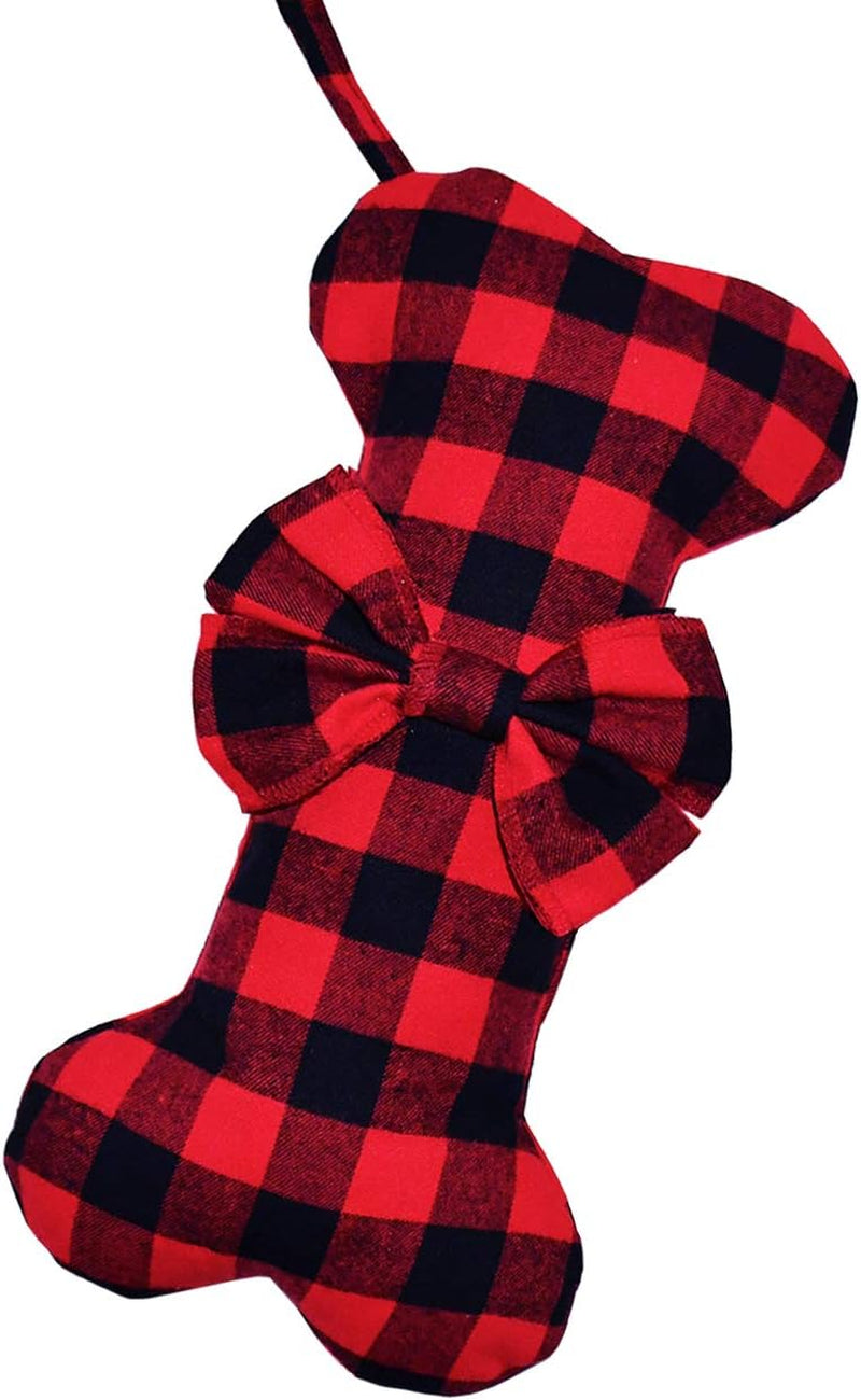2 Pack Large Dog Christmas Stockings – Red & Black Plaid Bone-Shaped for Pets