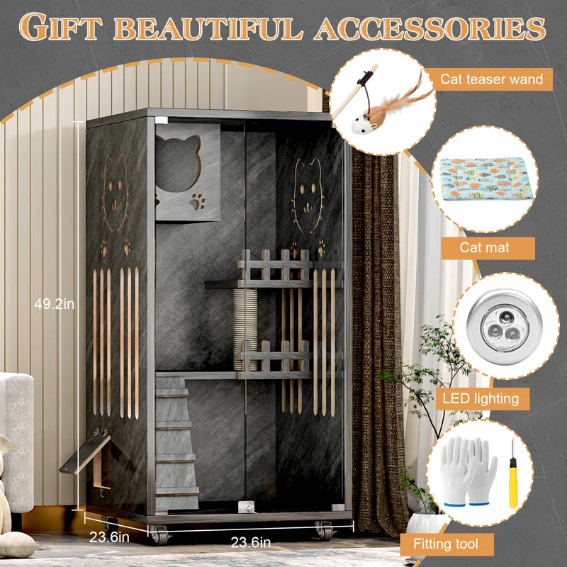 Erlend Wooden Cat Villa – Indoor Cat Enclosure with Glass Doors & Ventilation