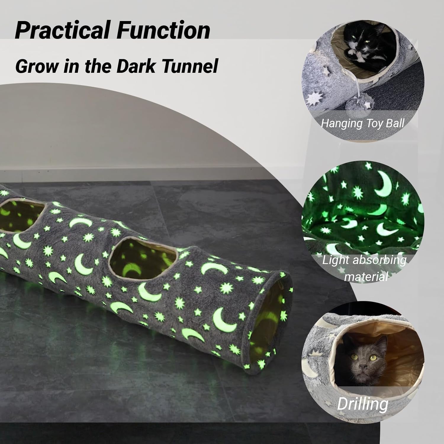 Collapsible Cat Tunnel with Plush Ball Toy – Glow-in-the-Dark Pet Play Tube for Kittens, Rabbits, Ferrets & Small Dogs, Grey Moon & Star Design