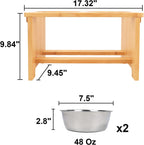 Dimensions of a wooden shelf and metal bowls on a white background