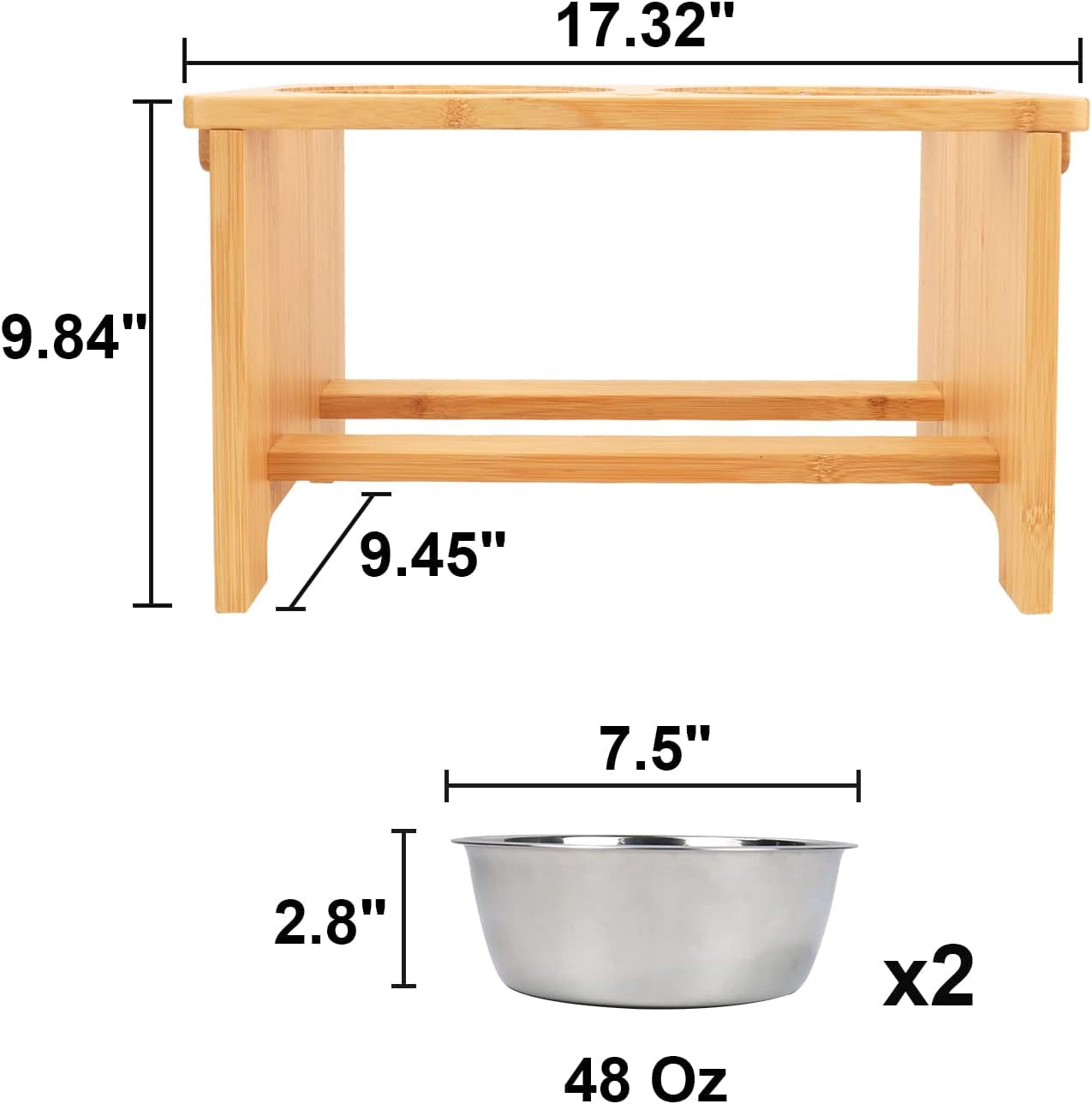 Dimensions of a wooden shelf and metal bowls on a white background