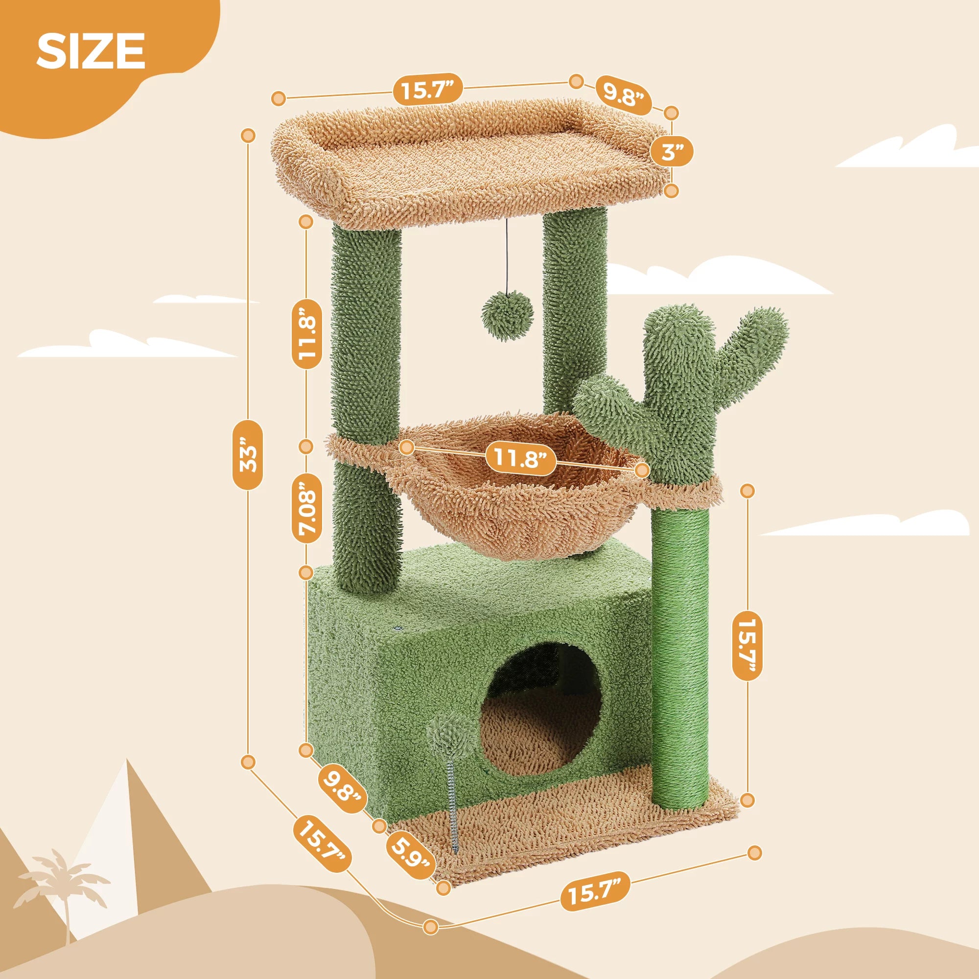 Cat Tree 33" Cactus Cat Tower – Multi-Level Scratching Post with Hammock, Condo & Large Perch for Medium Indoor Cats