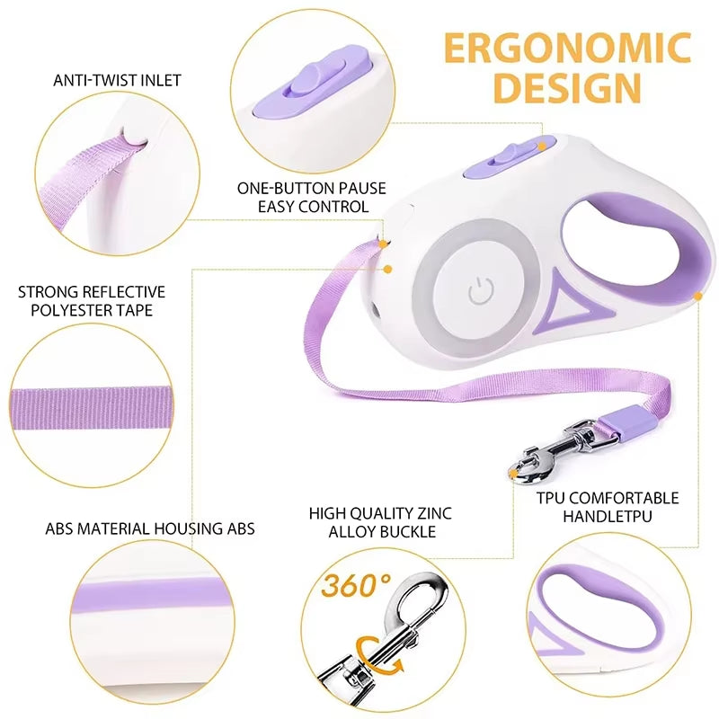 3M/5M Retractable Dog Leash with LED Flashlight & RGB Glow – Durable Nylon Night Walking Leash for Small Dogs & Cats, Tangle-Free Outdoor Lead