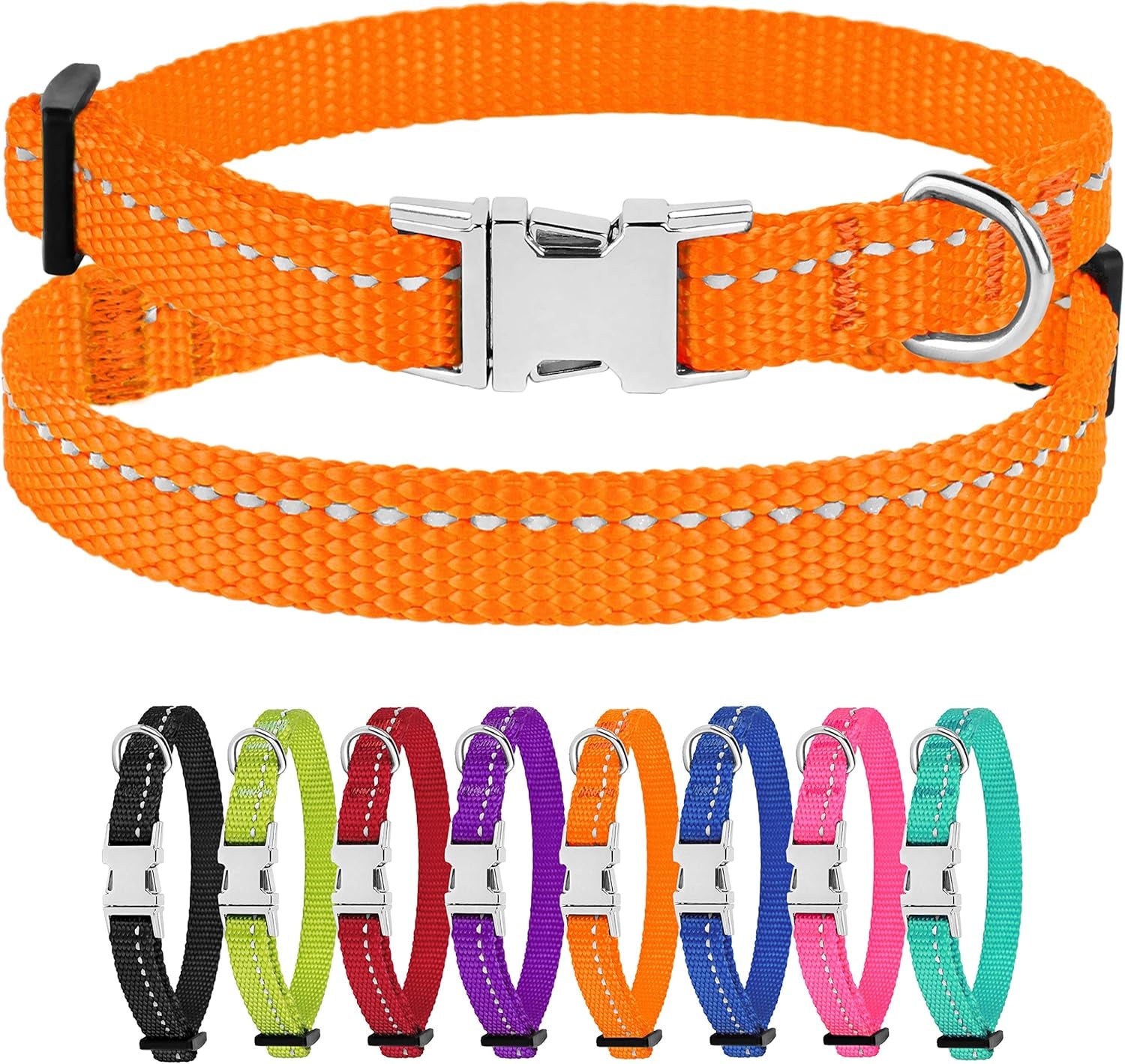 Orange dog collar with silver buckle and additional collars in various colors on a white background