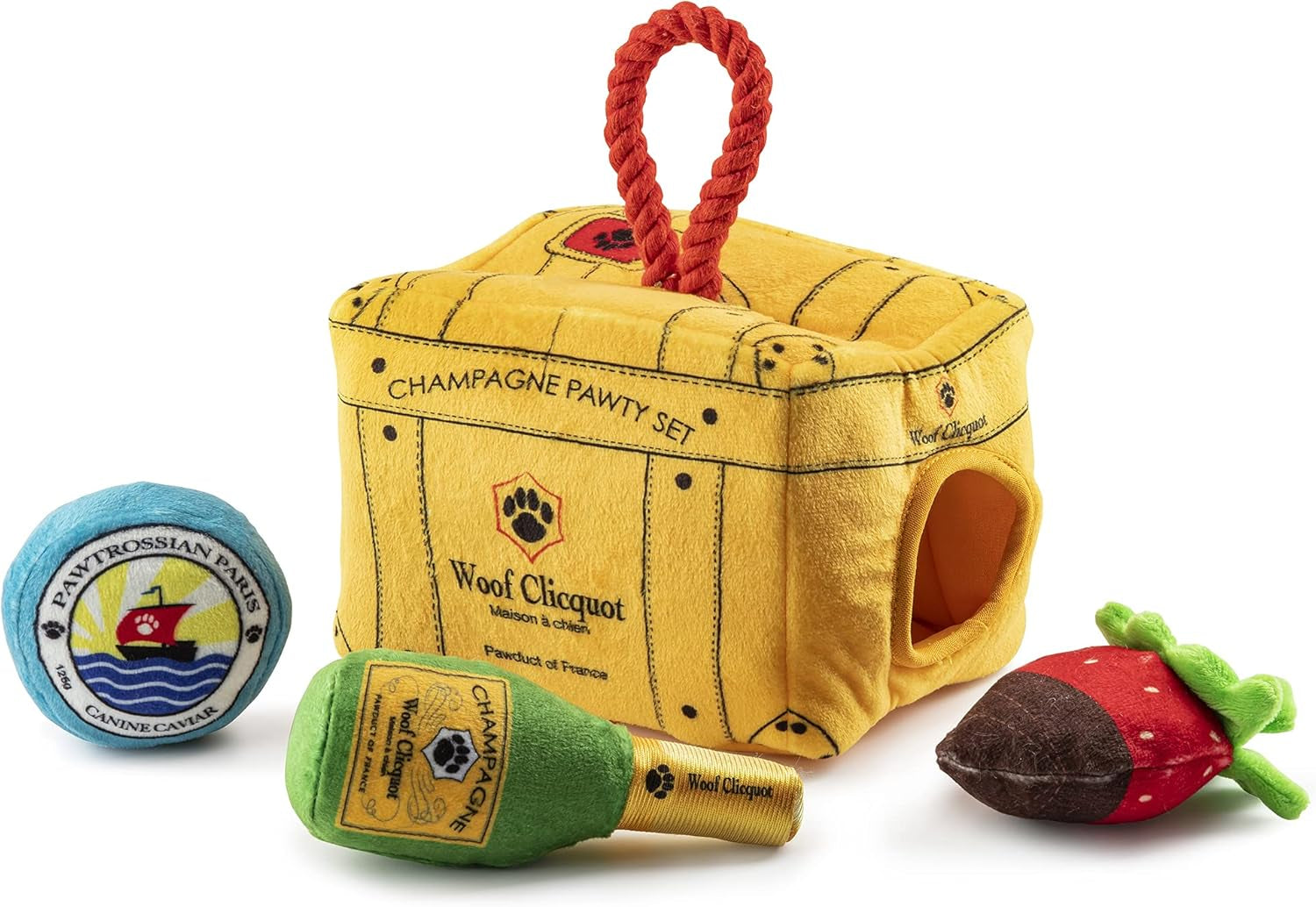 LaBarka Pawsecco Plush Dog Toy – Funny Designer Parody Toy with Squeaker for All Breeds, Soft, Stylish & Machine-Washable