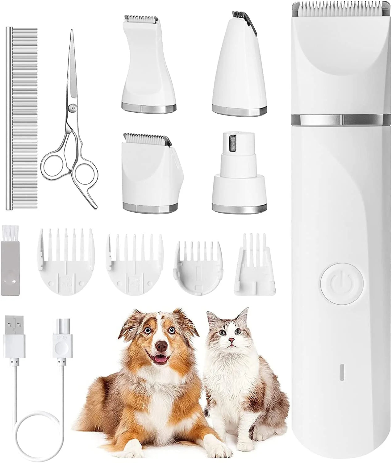 Pet grooming tool set with various attachments and two pets sitting together.