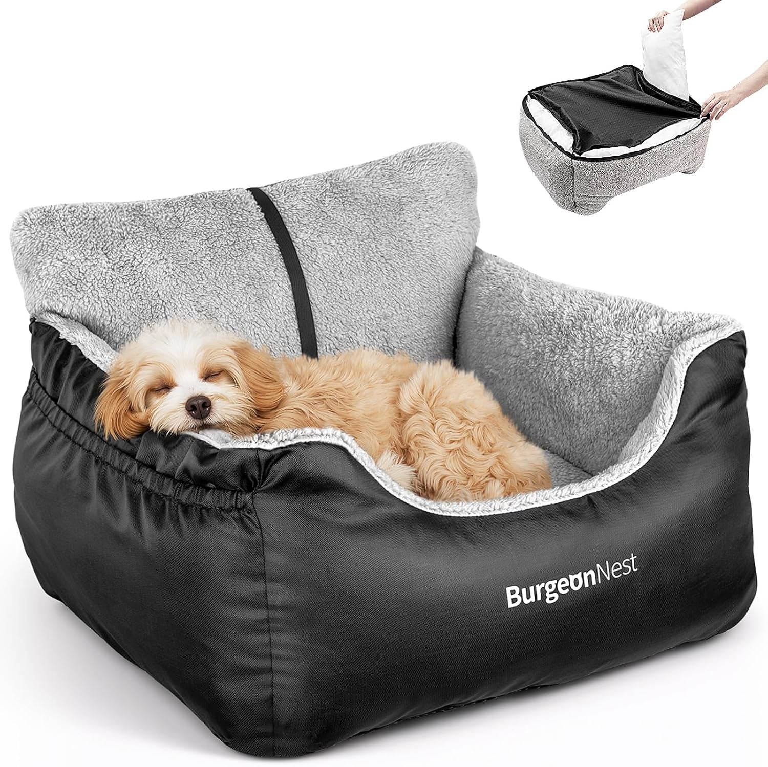 Dog Car Seat Booster – Elevated Travel Bed with Safety Leash & Storage for Small Dogs (Up to 15 lbs)