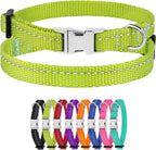 Set of colorful dog collars with a green collar on top