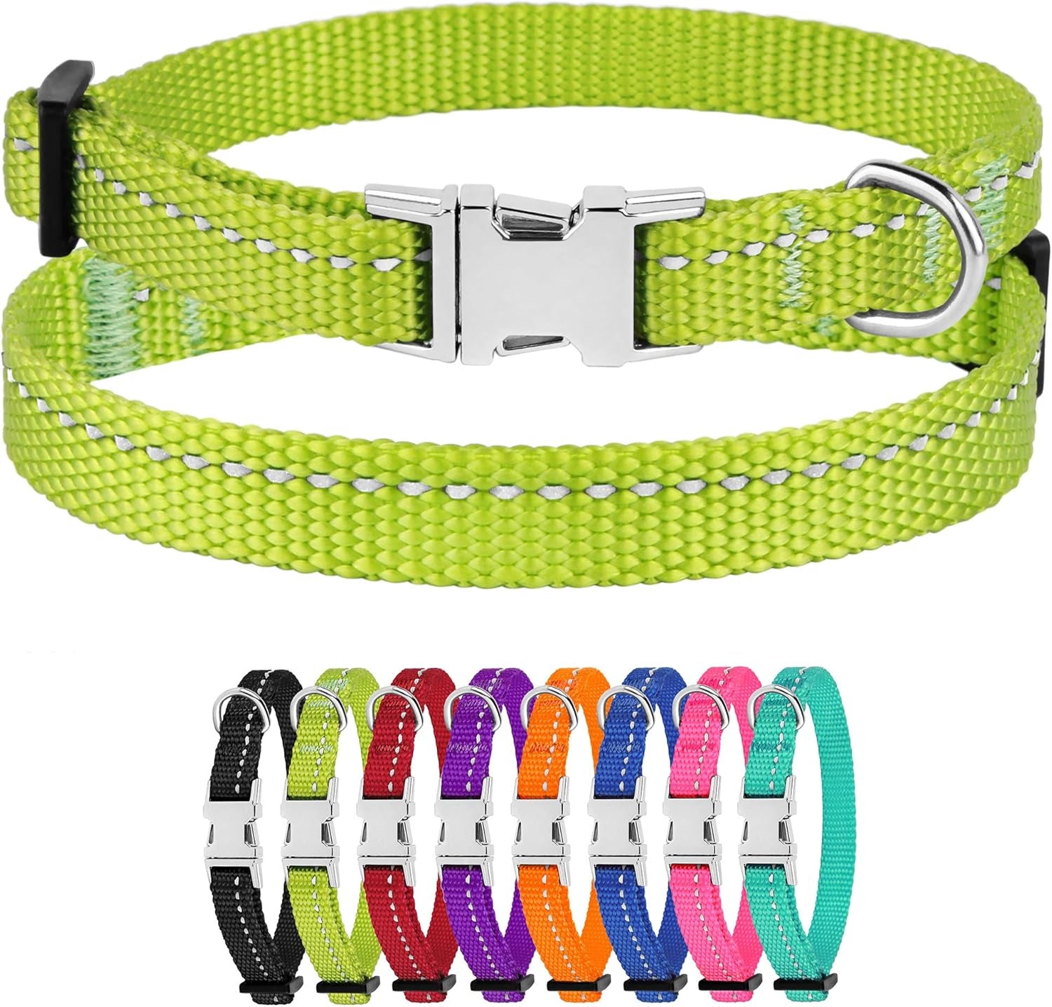 Set of colorful dog collars with a green collar on top