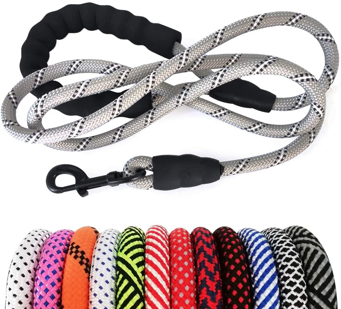 Dog leash with black handle and colorful options displayed below on a white background