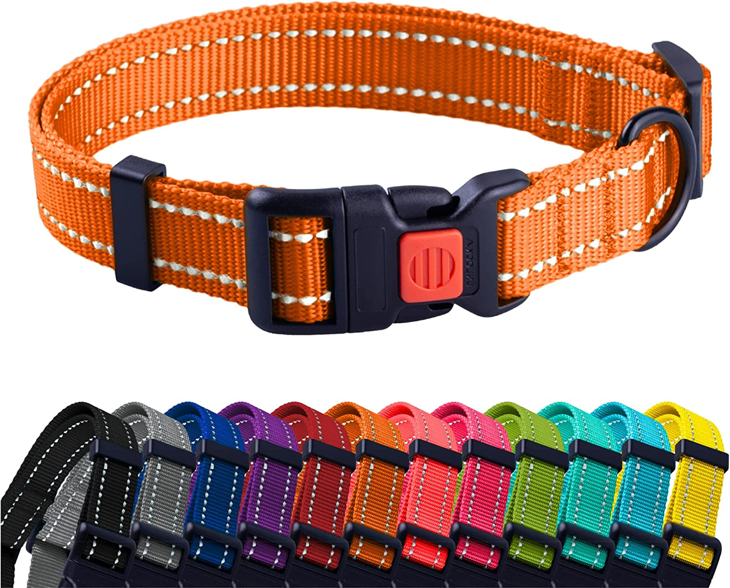Orange dog collar with black buckle and red button, surrounded by a row of other colorful dog collars on a white background.