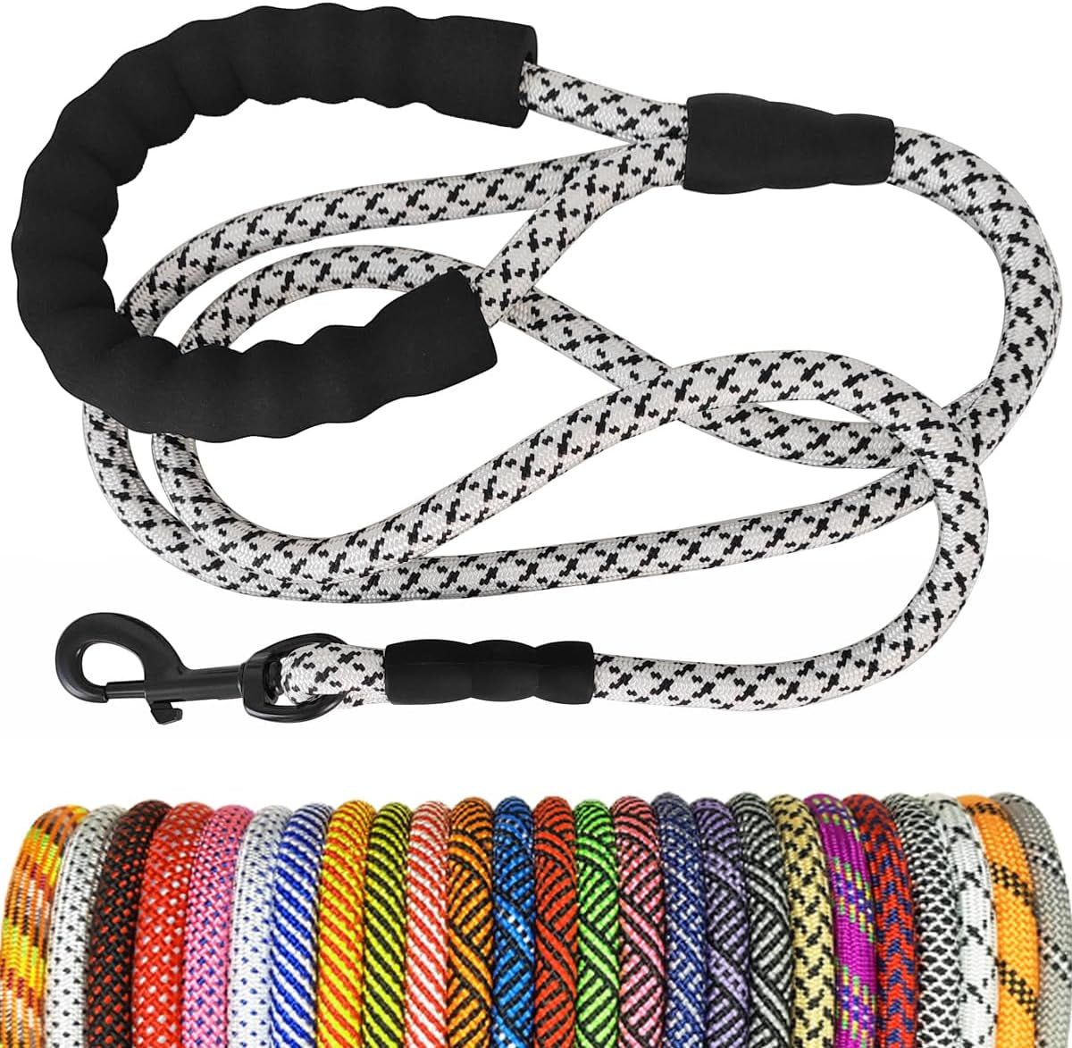 Dog leash with black handle and patterned design, displayed against a white background.