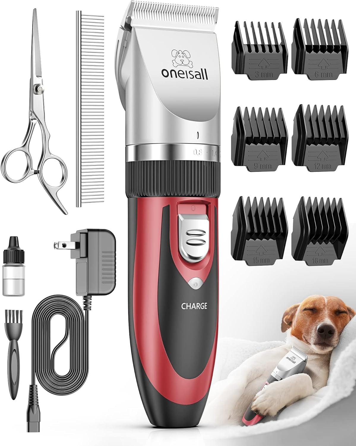 Pet grooming kit with clipper, scissors, and attachments on a white background