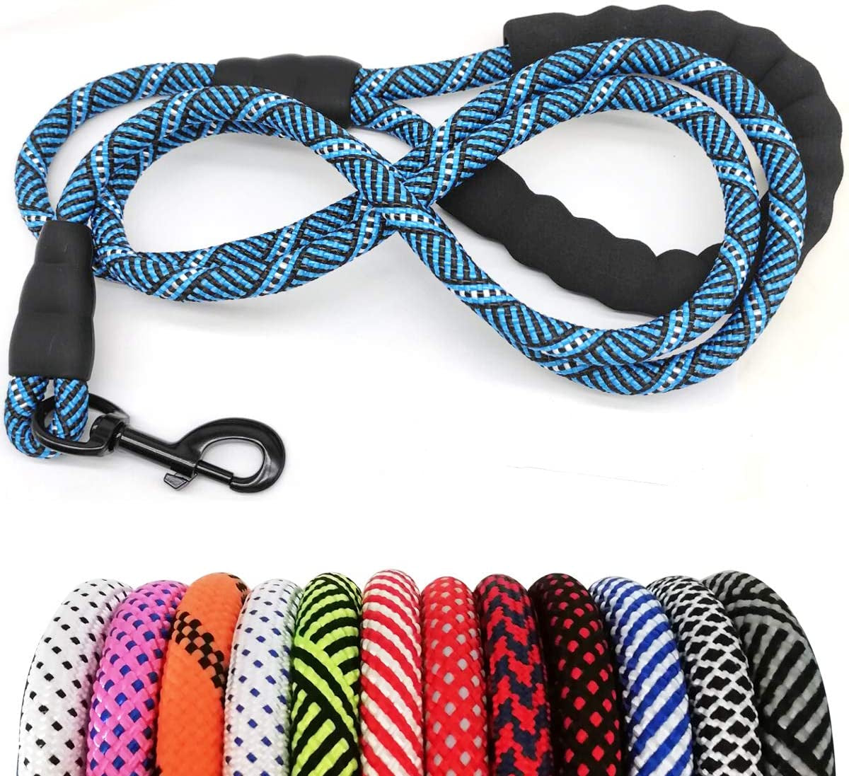 Blue braided dog leash with black handle and clip, displayed with a variety of colorful braided leashes.