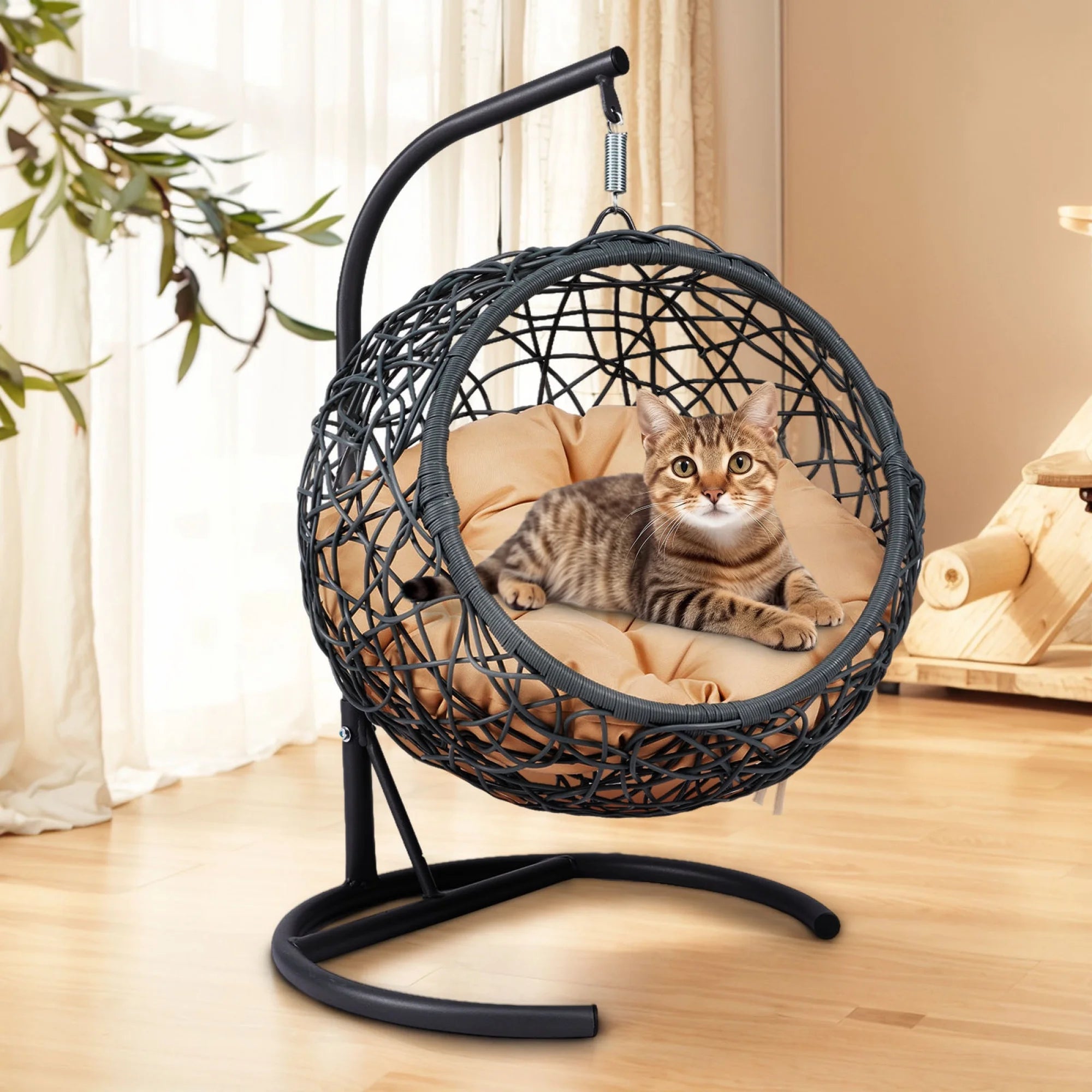 Luxury Cat Swing Hammock with Stand & Cushion – Rattan Wicker Egg Chair for Cats, Indoor Hanging Pet Bed with Breathable Design & Washable Cushion