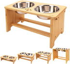 Wooden pet feeder with two stainless steel bowls on a white background
