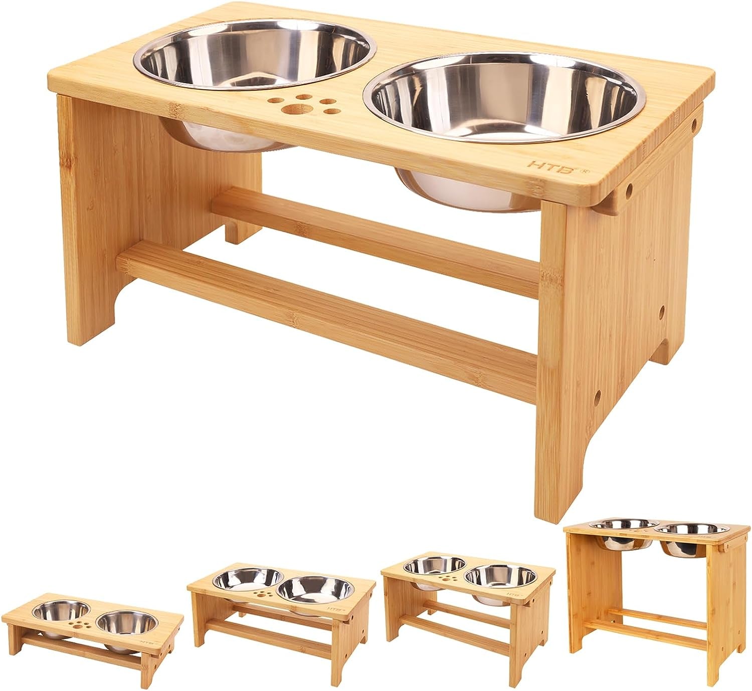 Wooden pet feeder with two stainless steel bowls on a white background
