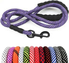 Dog leash with purple and black pattern on a white background