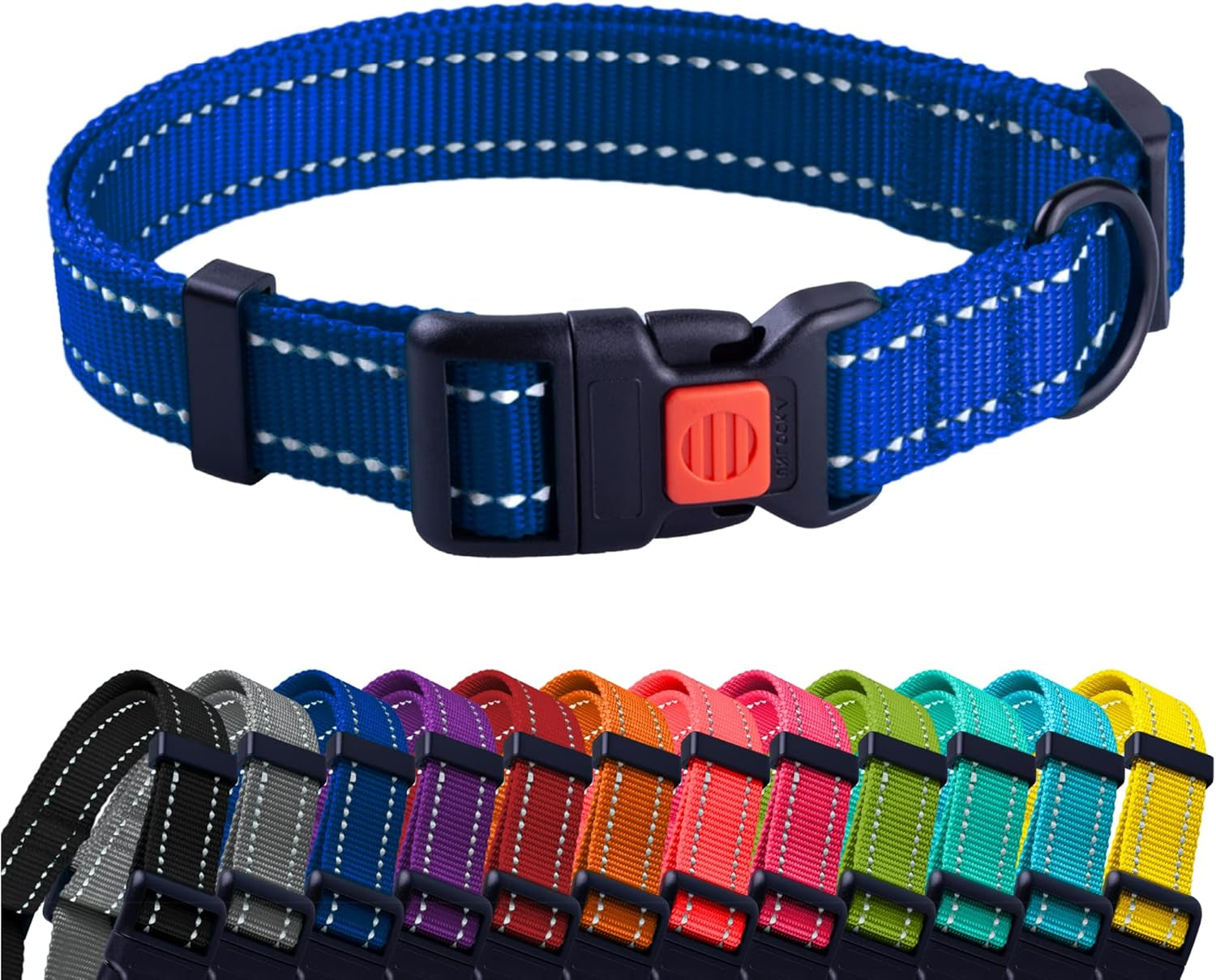 Blue dog collar with a row of colorful collars below on a white background