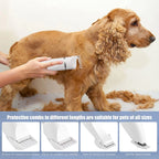 Dog being groomed with a trimmer, showing different protective comb lengths suitable for various pet sizes.