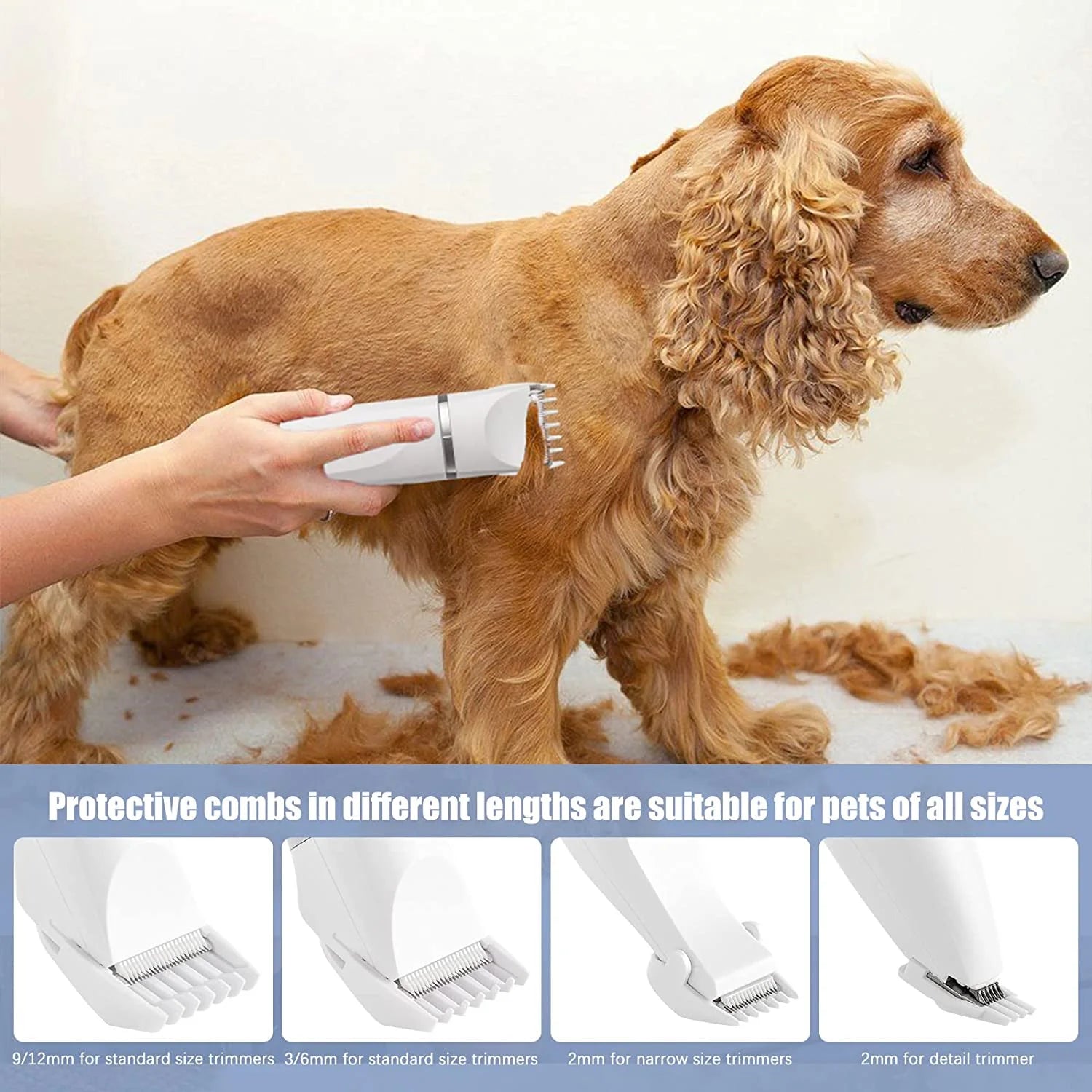 Dog being groomed with a trimmer, showing different protective comb lengths suitable for various pet sizes.