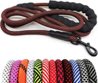 Dog leash with black and red pattern on a white background, followed by a row of colorful leashes.