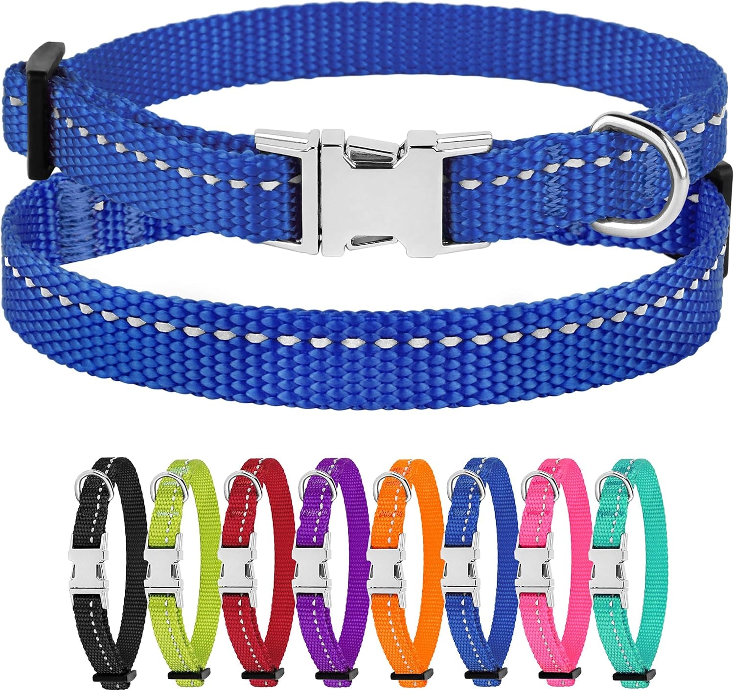 Blue dog collar with metal buckle and additional collars in various colors displayed below.